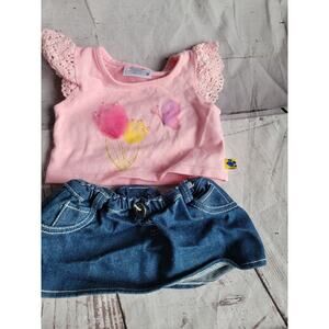 Build A Bear Pink Butterfly Flower Sequin Top Denim Skirt BABWS Clothes